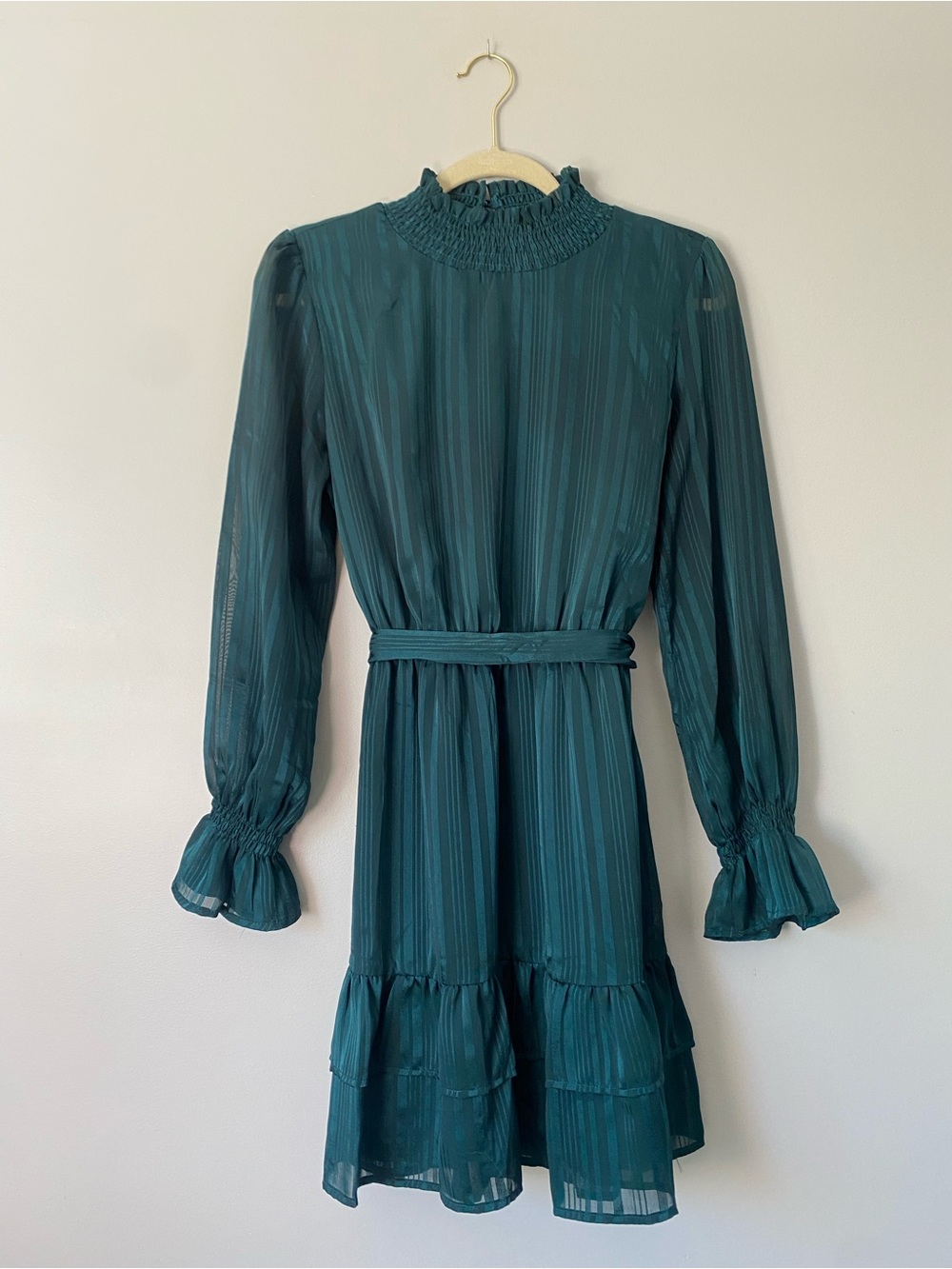 Dress Forum Teal Ruffle Tiered Dress Sheer Sleeves Size M